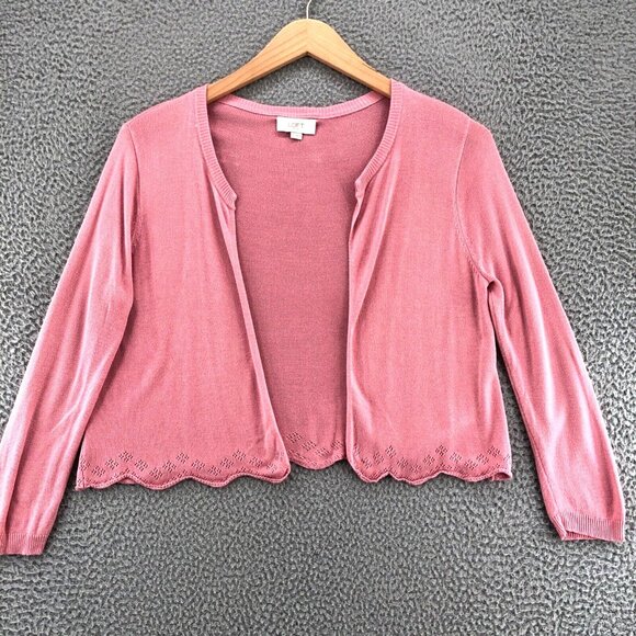 LOFT Sweater Womens Medium Pink Knit Cardigan Long Sleeve Lace Scalloped Stretch - Picture 1 of 9